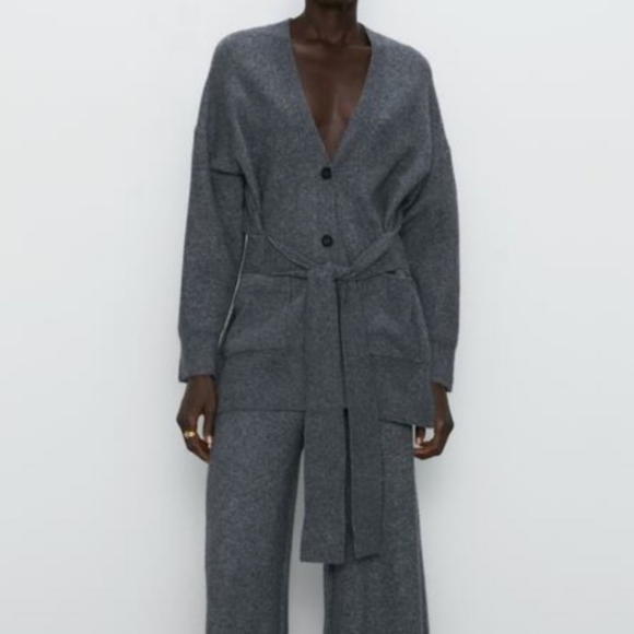Zara Alpaca Blend Gray Cardigan Knit Sweater Belt Tie Slit Soft Cozy Size S - Picture 3 of 16